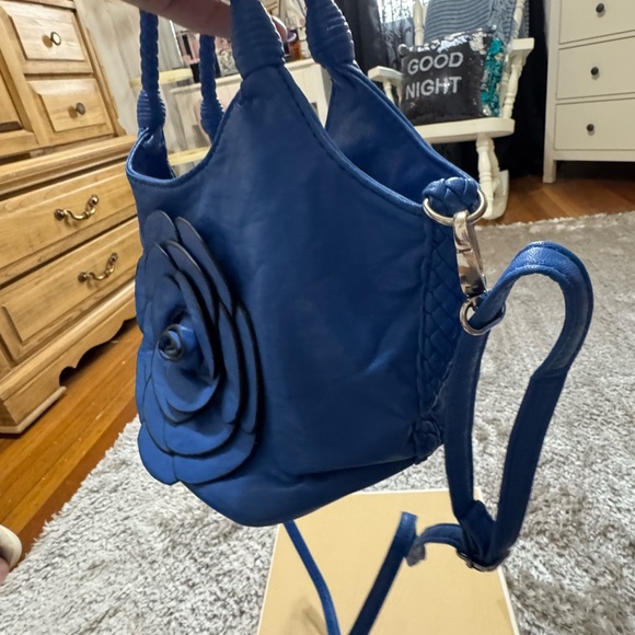 Italian Leather Royal Blue Crescent Shoulder Bag with Floral Design. - Picture 3 of 9